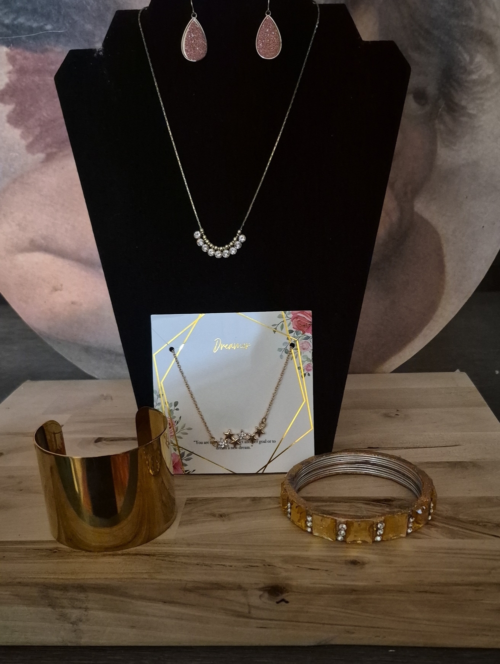 Gold-Tone Necklace and Bracelet Jewelry Set with Pink Teardrop Earrings